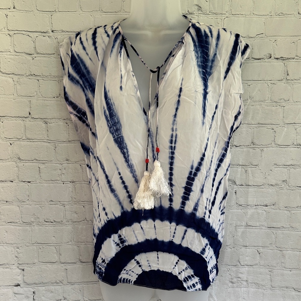 Anthropologie Pepin Tie-Dye Tassel V-Neck Tunic Top - Navy & White